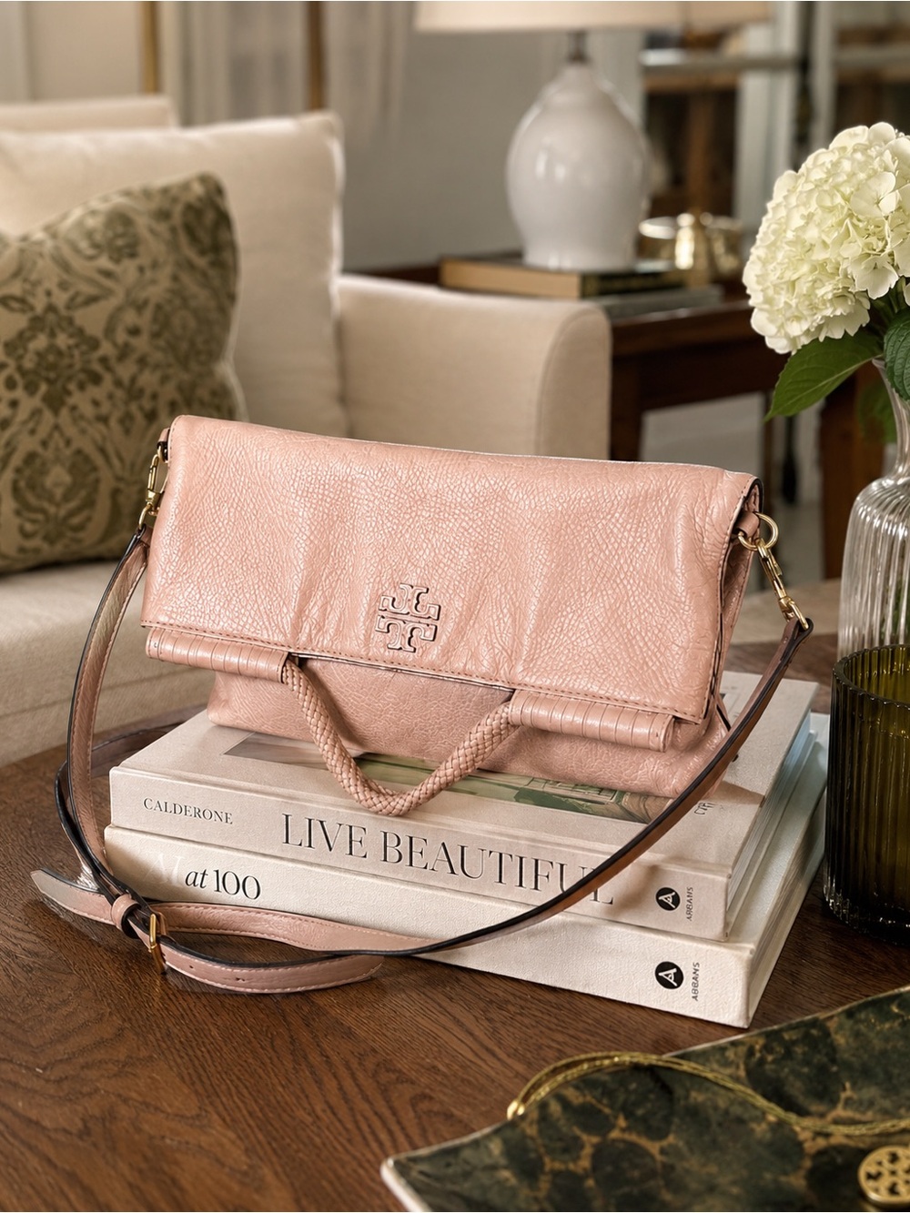 Tory Burch Blush Fold-Over Leather Crossbody Satchel Shoulder Bag - Picture 15 of 16